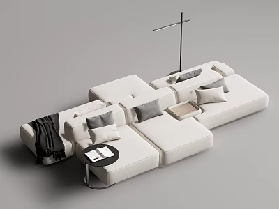 White Modular Sectional Sofa with Gray Cushions Black Blanket and Small Round Table 3d model