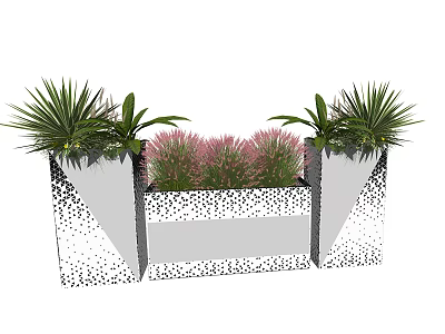 Modern Geometric Patterned Flower Planters With Green Plants And Pink Flowers 3d model