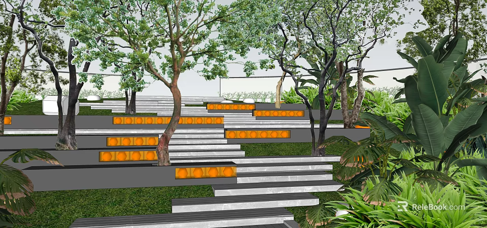 Modern Outdoor Stairs With Trees Green Plants And Orange Lights On Gray Steps 3d model 
