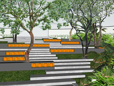 Modern Outdoor Stairs With Trees Green Plants And Orange Lights On Gray Steps 3d model