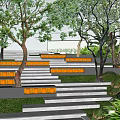 Modern Outdoor Stairs With Trees Green Plants And Orange Lights On Gray Steps