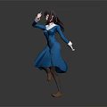 Elegant Human Female Character Dancing In Blue Dress With Brown Hair And Gray Background