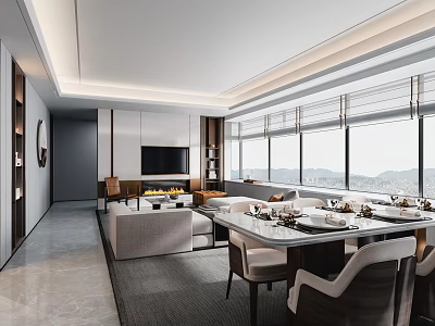 Elegant Modern Living And Dining Room Interior With Sofa Dining Table And Mountain View 3d model