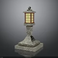 Traditional Stone Lantern With Square Base And Yellow Lattice Glass Panels