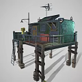 Cartoon Stilt House Scene With Green Exterior Wooden Stilts And Yellow Character Standing On Balcony