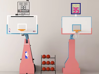 Indoor Basketball Court With Pink Hoops Digital Scoreboards And Ball Racks 3d model