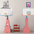 Indoor Basketball Court With Pink Hoops Digital Scoreboards And Ball Racks