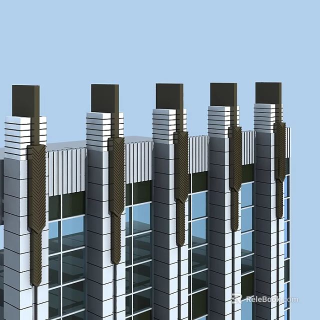Modern Building Facade Components With Vertical Columns Glass Windows And Metal Accents 3d model 