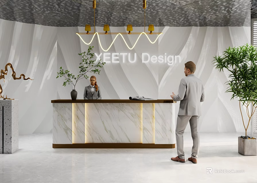 Modern Front Desk Reception Area With Marble Countertop Hanging Lights And Potted Plants 3d model 