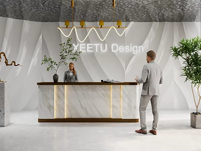 Modern Front Desk Reception Area With Marble Countertop Hanging Lights And Potted Plants 3d model