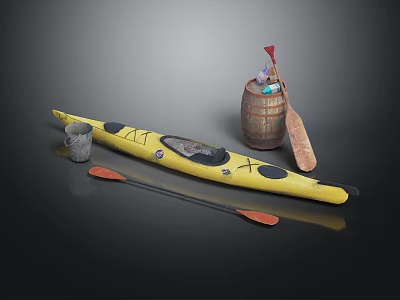 Outdoor Yellow Kayak Setup With Wooden Barrel Small Red Flag Cup And Two Paddles 3d model