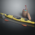 Outdoor Yellow Kayak Setup With Wooden Barrel Small Red Flag Cup And Two Paddles