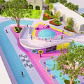 Colorful Kids Playground Area With Slide Trees And Lawn Surrounding Buildings
