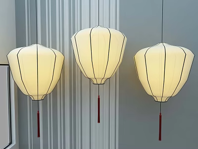 Three Hanging White Lanterns With Black Line Decorations And Red Tassels On Grey Striped Wall 3d model