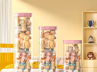 Transparent Cylindrical Storage Containers with Pink Lids Filled with Stuffed Toys for Kids Room Organization 3d model