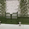 Green Bamboo Fence With Lattice Gate And Tall Bamboo Plants Outdoor View