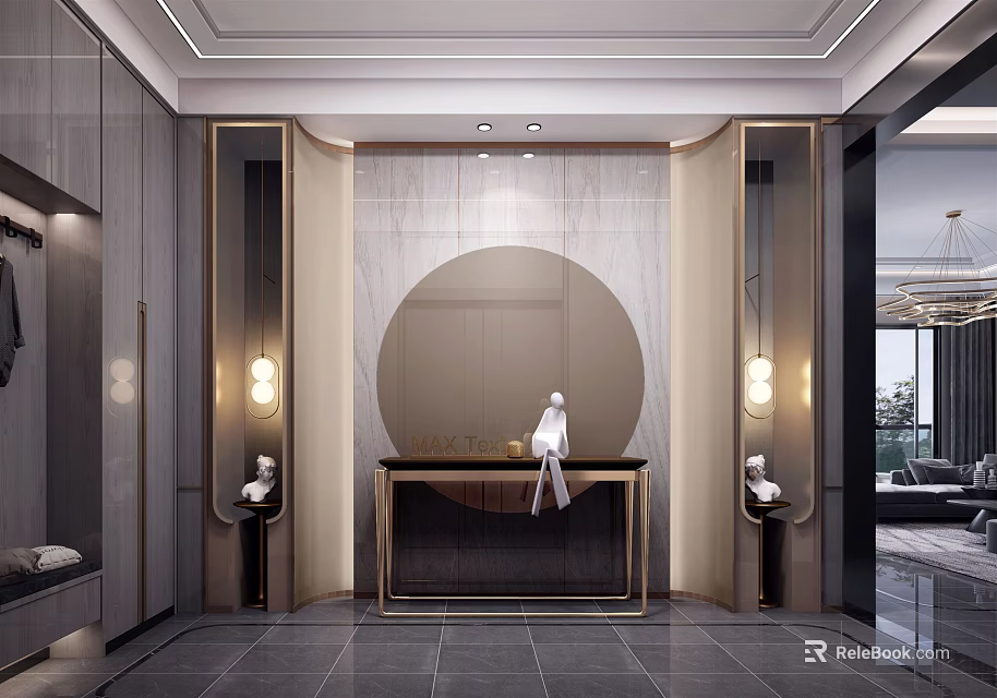 Elegant Modern Foyer Hallway Interior With Round Mirror Console Table And Wall Lamps 3d model 