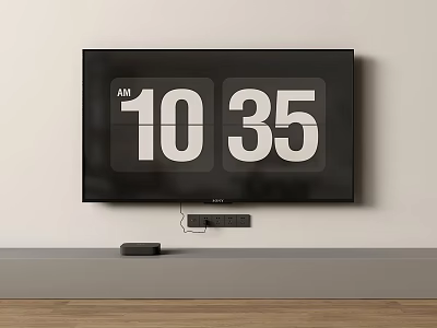 Wall Mounted TV Displaying 10 35 AM Time With TV Stand And Device Below 3d model