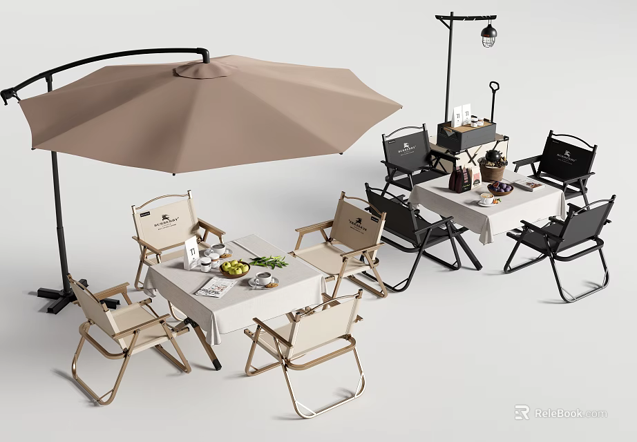 Outdoor Dining Table With Beige Umbrella Folding Chairs Lamp And Tabletop Items 3d model 