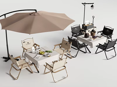 Outdoor Dining Table With Beige Umbrella Folding Chairs Lamp And Tabletop Items 3d model
