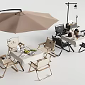 Outdoor Dining Table With Beige Umbrella Folding Chairs Lamp And Tabletop Items