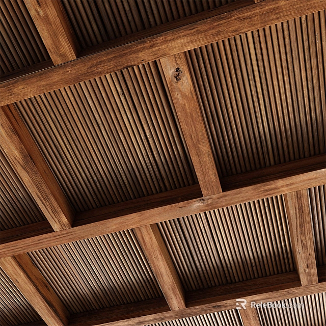 Wooden Ceiling With Beams And Slatted Panels 3d model 