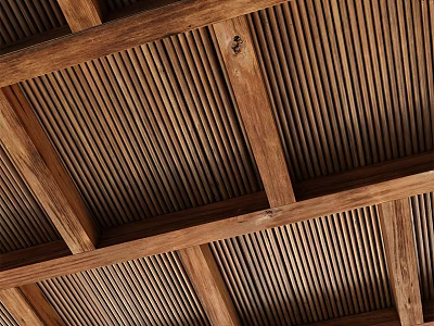 Wooden Ceiling With Beams And Slatted Panels 3d model