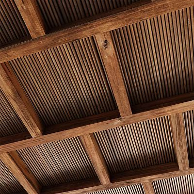 Wooden Ceiling With Beams And Slatted Panels 3d model