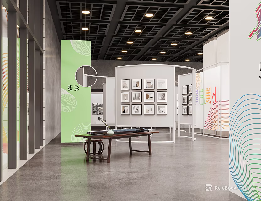 Modern Art Design Exhibition Space With Display Panels And Framed Artworks 3d model 
