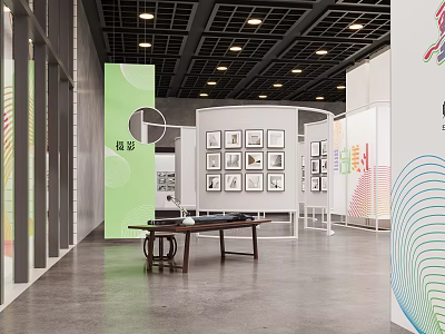 Modern Art Design Exhibition Space With Display Panels And Framed Artworks 3d model