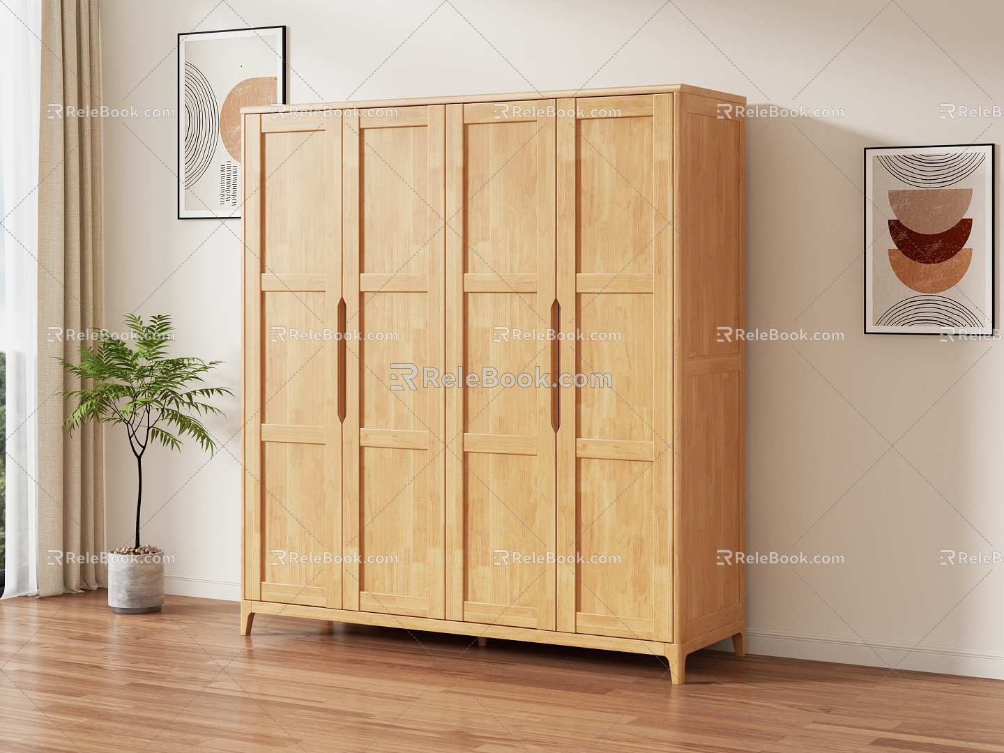 Nordic Wardrobe Solid Wood Bedroom Household Modern Simple Wardrobe Four-door Wardrobe 3d model