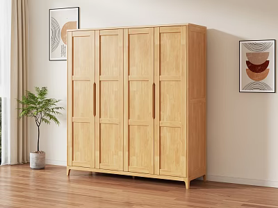 Natural Wood Wardrobe With Four Doors In Bright Room With Wooden Floor And Potted Plant 3d model