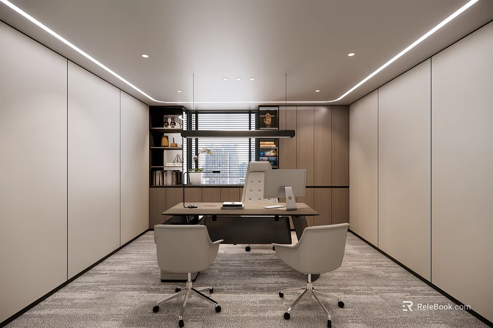 Modern Office Interior Design With Desk Chairs Bookshelves And Window Lighting 3d model 