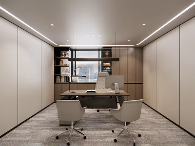 Modern Office Interior Design With Desk Chairs Bookshelves And Window Lighting 3d model