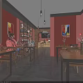 Intimate Restaurant Interior With Dining Tables Chairs Wall Paintings Red Decor And Diners