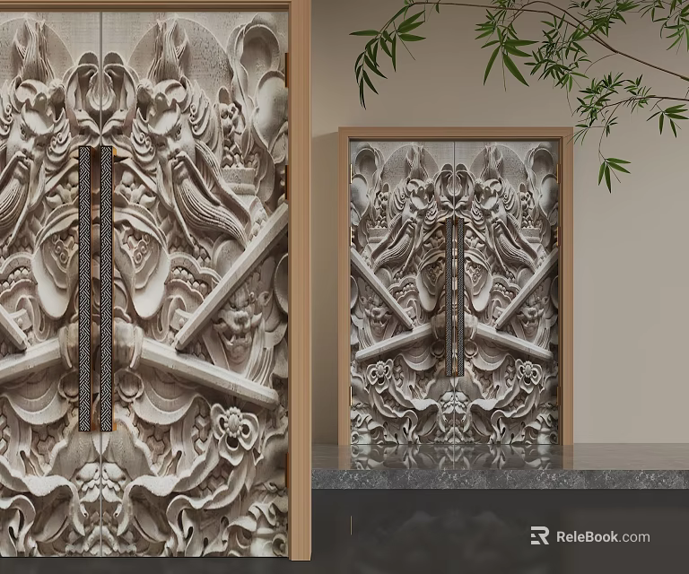Carved Swing Door With Intricate Patterns And Decorative Design In Wooden Frame With Bamboo Leaves 3d model 