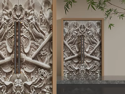 Carved Swing Door With Intricate Patterns And Decorative Design In Wooden Frame With Bamboo Leaves 3d model