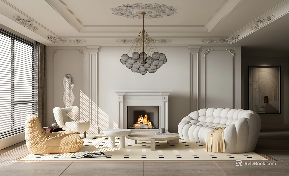 Elegant Modern Living Room Interior With White Curved Sofa Fireplace Ornate Ceiling And Spherical Chandelier 3d model 