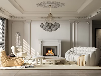 Elegant Modern Living Room Interior With White Curved Sofa Fireplace Ornate Ceiling And Spherical Chandelier 3d model