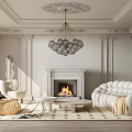 Elegant Modern Living Room Interior With White Curved Sofa Fireplace Ornate Ceiling And Spherical Chandelier