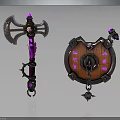 Fantasy Battle Axe And Shield With Wooden Handles Metal Frames Purple Accents And Skull Decorations