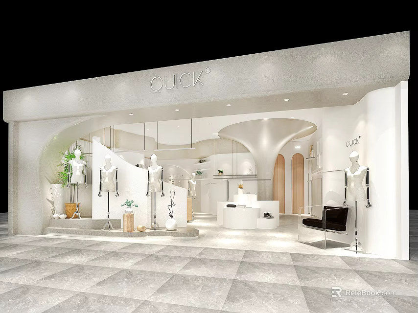 Modern Clothing Store Interior With White Curved Design Mannequins And Green Plants 3d model 