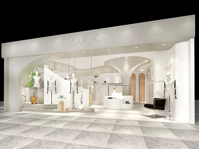 Modern Clothing Store Interior With White Curved Design Mannequins And Green Plants 3d model