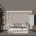 Modern Bedroom Interior Design With King Bed Glass Wardrobe Pendant Lights And Scenic Window