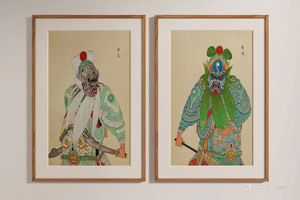 Traditional Chinese Opera Character Paintings In Wooden Frames With Painted Faces And Weapons 3d model 