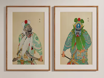 Traditional Chinese Opera Character Paintings In Wooden Frames With Painted Faces And Weapons 3d model