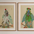 Traditional Chinese Opera Character Paintings In Wooden Frames With Painted Faces And Weapons