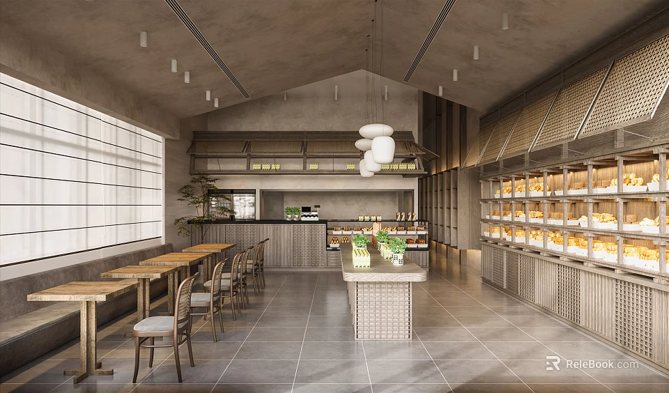 Modern Dessert Shop Interior With Open Kitchen And Dessert Display Cabinets Tables Chairs 3d model 
