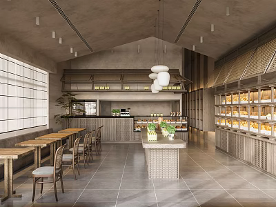 Modern Dessert Shop Interior With Open Kitchen And Dessert Display Cabinets Tables Chairs 3d model