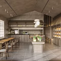 Modern Dessert Shop Interior With Open Kitchen And Dessert Display Cabinets Tables Chairs